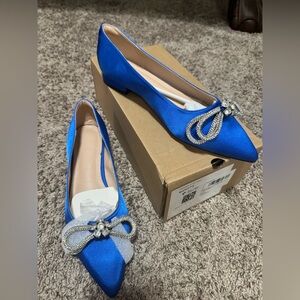 Elegant Blue Satin Women's Flats with Rhinestone Bow